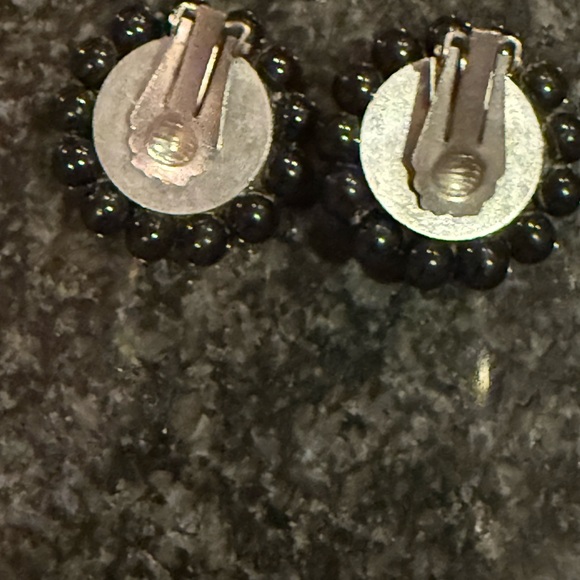 Vintage Elegant Black and Pearl Rhinestone Cluster Earrings Clip back - Picture 9 of 10